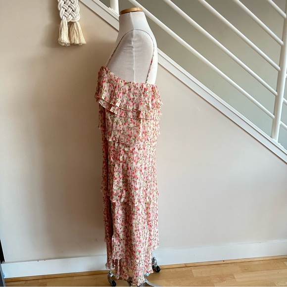 Something Navy Floral Tiered Pleated Spaghetti Strap Midi Dress Cream Pink S NWT - Picture 8 of 16